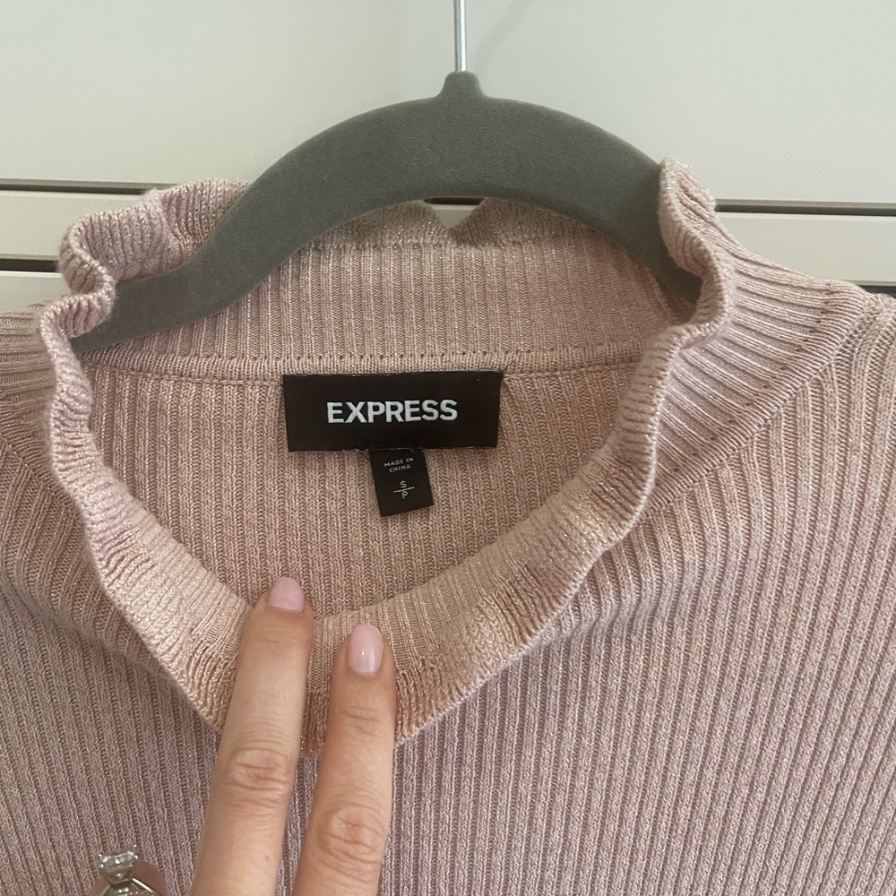 Express Blush Ribbed Top with Ruffle Neckline - Picture 3 of 4